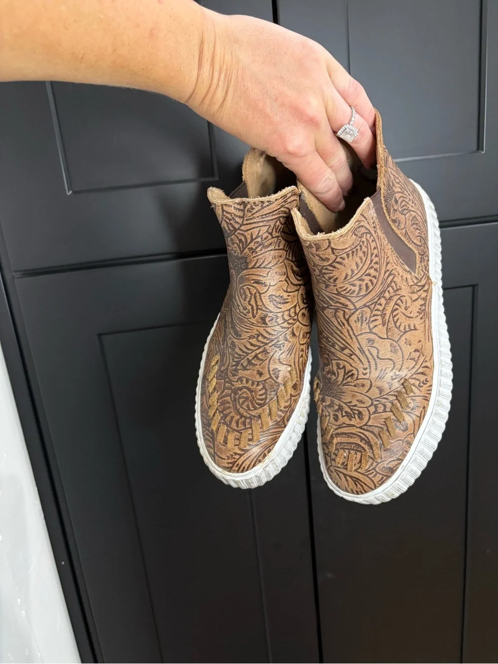 Justin Boots Brown tooled Leather Slip-On Sneakers with White Sole